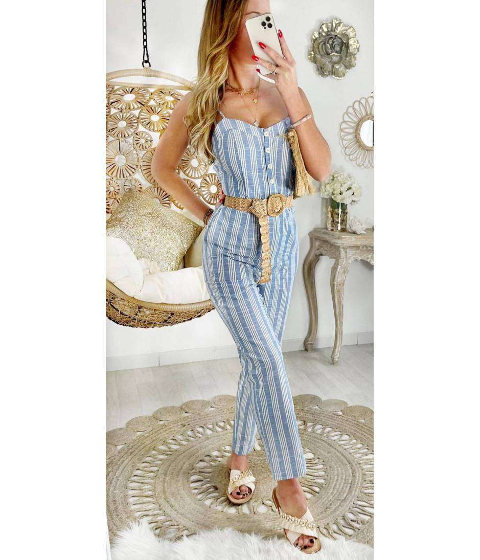 MyLookFeminin,Ma combi pantalon style lin bleue rayée,prêt à porter mode femme