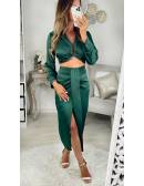 MyLookFeminin,Mon ensemble satiné crop top noué et jupe fendue vert émeraude29 € Vêtements Mode femme fashion