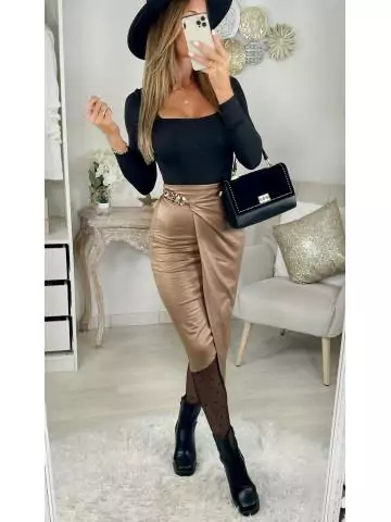 MyLookFeminin,Ma jupe mi-longue drapée & chain marrons glacé "style cuir",prêt à porter mode femme