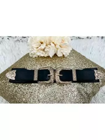 MyLookFeminin,Ma ceinture noire élastique "Double boucle Gold",prêt à porter mode femme