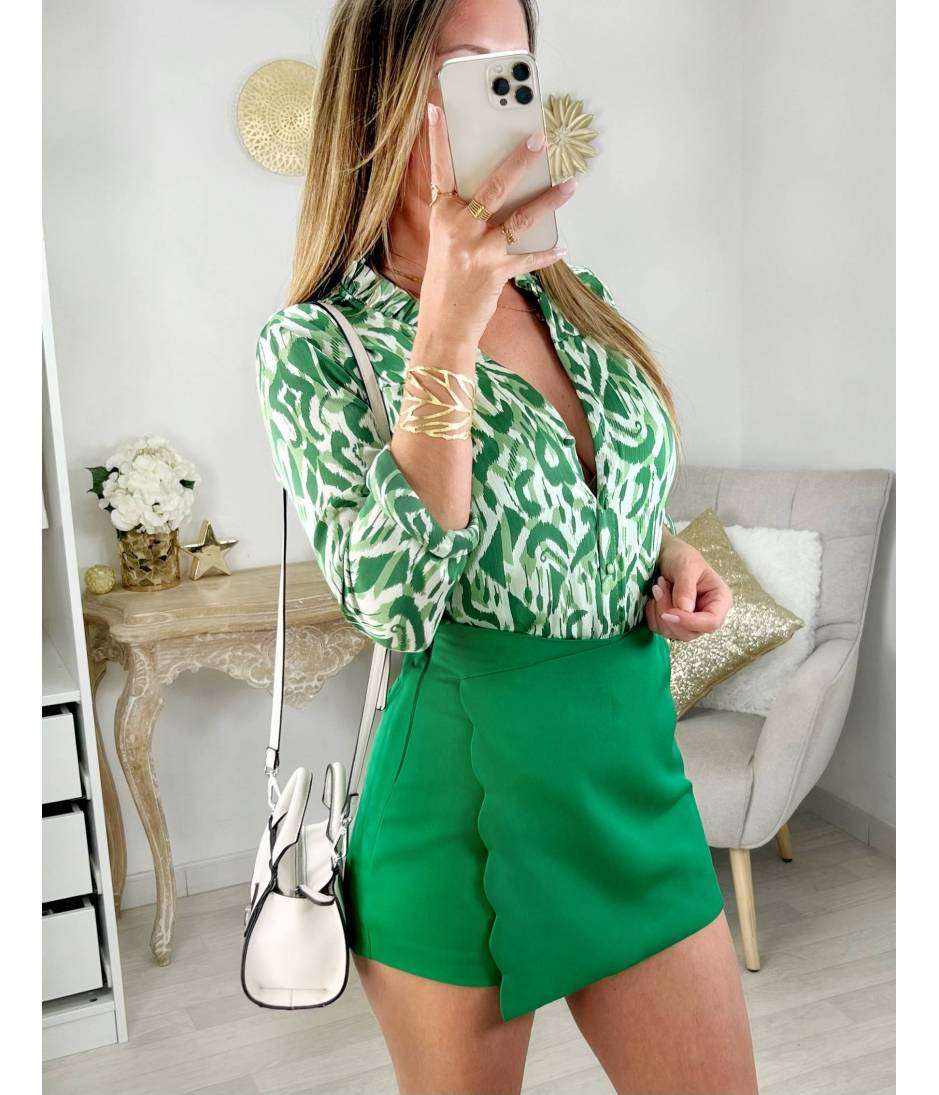 My Look Féminin Mon chemisier boutonné & satiné "green print",prêt à porter pour femme