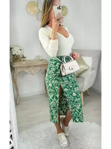 MyLookFeminin,Ma jupe mi-longue green print "froncée & fendue"29 € Vêtements Mode femme fashion