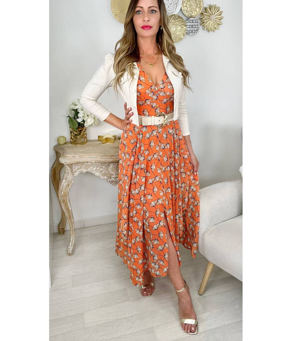 My Look Féminin Ma robe longue col v boutonné " orange & flowers",prêt à porter pour femme