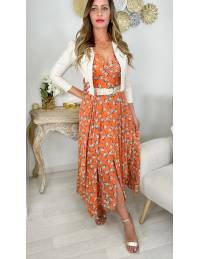 Ma robe longue col v boutonné " orange & flowers"