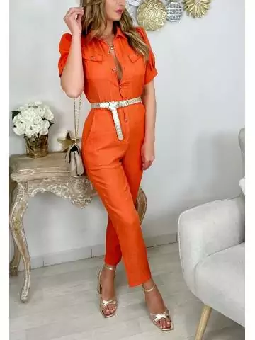 MyLookFeminin,Ma combi pantalon boutonnée orange style lin,prêt à porter mode femme