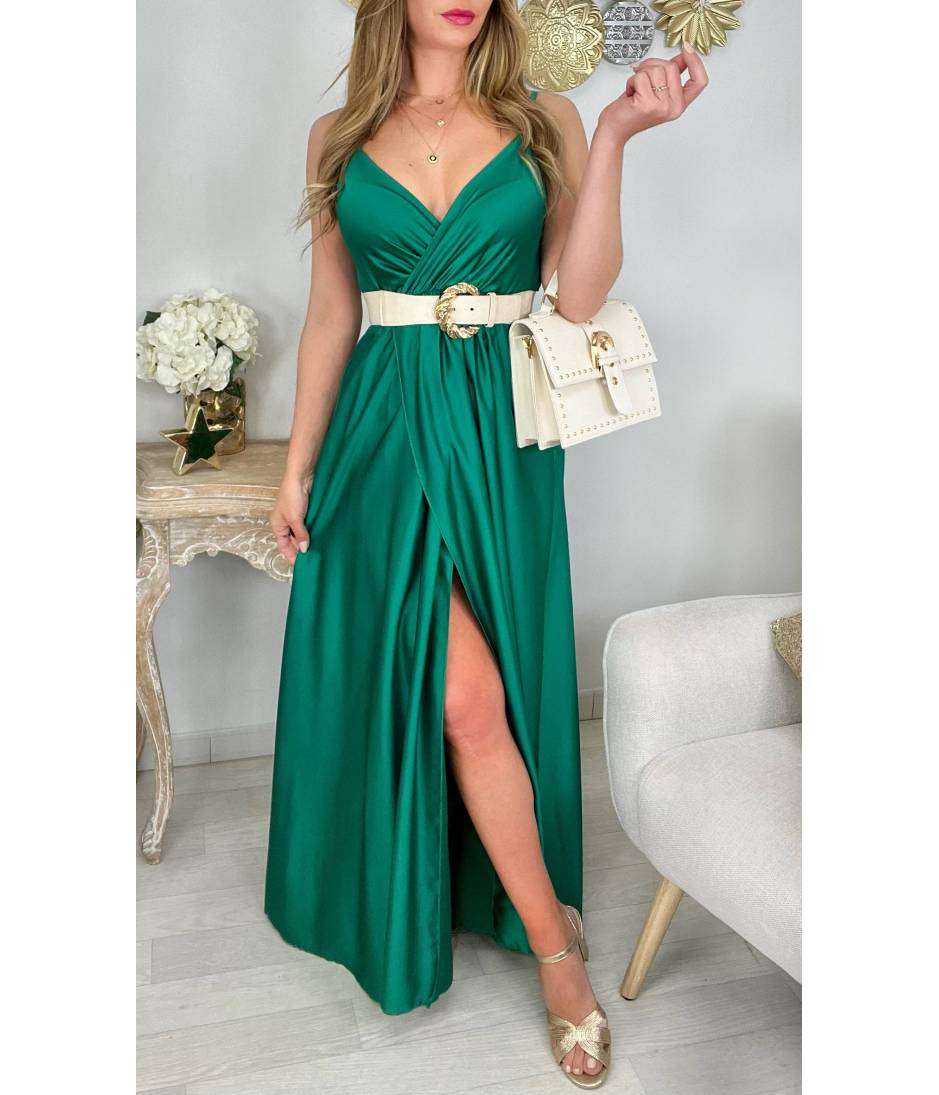 My Look Féminin Ma robe longue satinée vert émeraude "effet portefeuille",prêt à porter pour femme