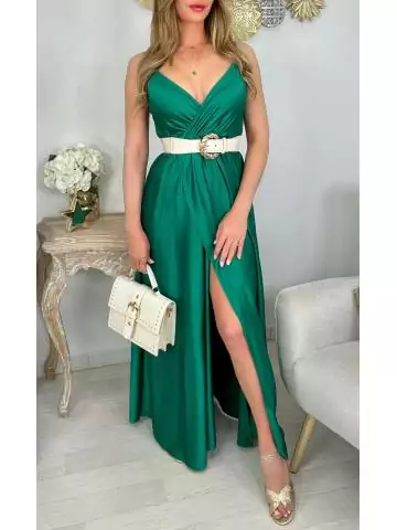 MyLookFeminin,Ma robe longue satinée vert émeraude "effet portefeuille",prêt à porter mode femme