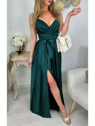 Ma jolie robe longue satinée & fendue " vert émeraude coup de cœur"
