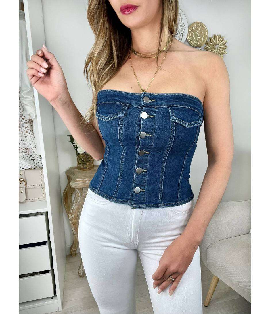 My Look Féminin Mon petit bustier en jeans " boutonné",prêt à porter pour femme