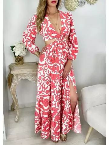 MyLookFeminin,Ma robe longue fendue cut out " Pink & white print",prêt à porter mode femme