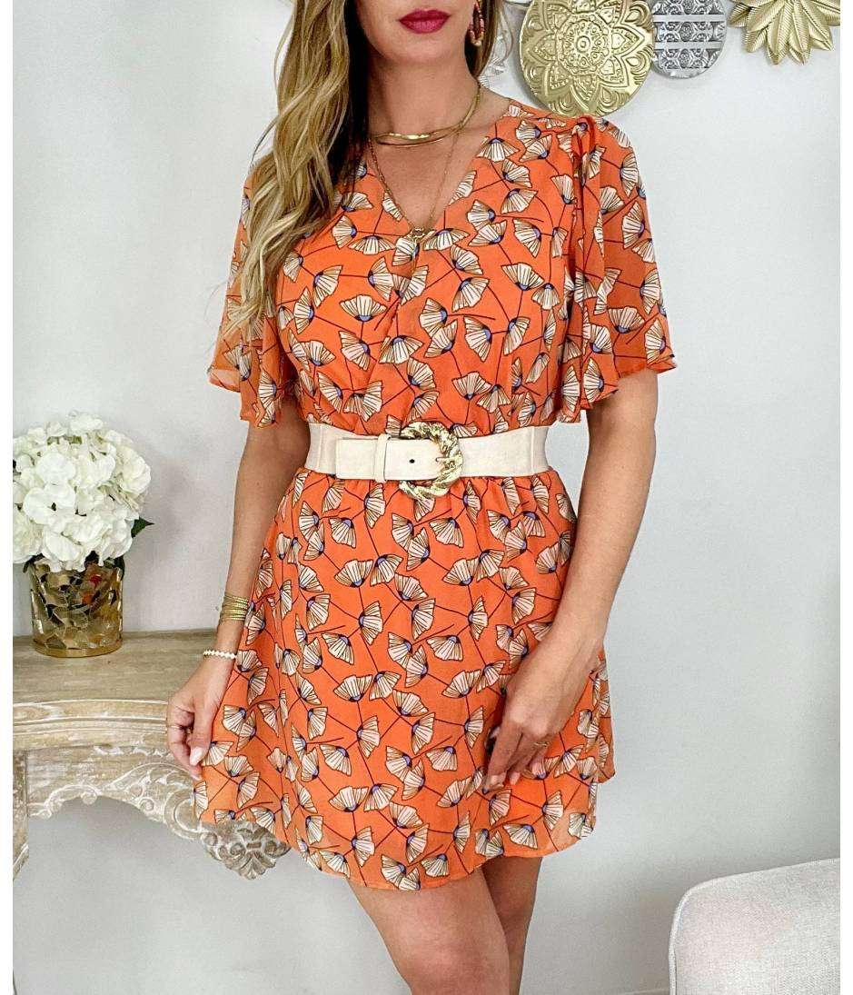 My Look Féminin Ma robe en voilage et sa ceinture "orange & flowers",prêt à porter pour femme