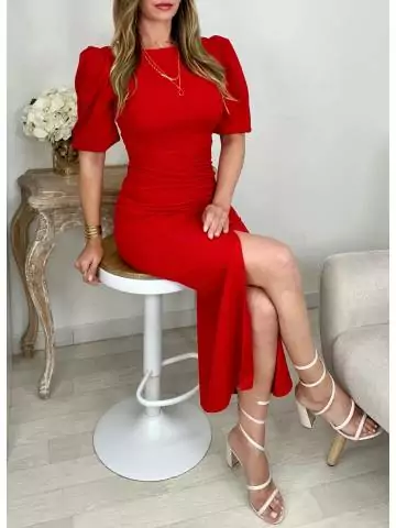 MyLookFeminin,Robe longue rouge "fendue & froncée",prêt à porter mode femme