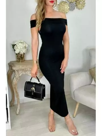 MyLookFeminin,robe longue noire lycra épaules dénudées,prêt à porter mode femme