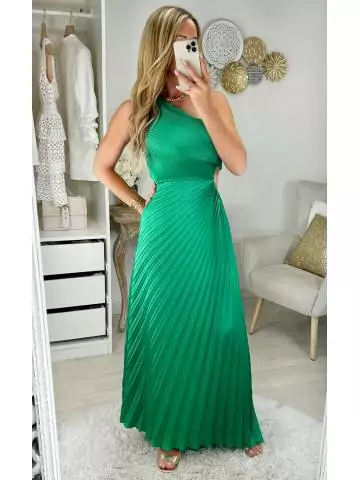 MyLookFeminin,robe longue asymétrique verte plissé et cut out,prêt à porter mode femme