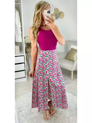 MyLookFeminin,jupe longue fleurie et fendue rose et verte,prêt à porter mode femme