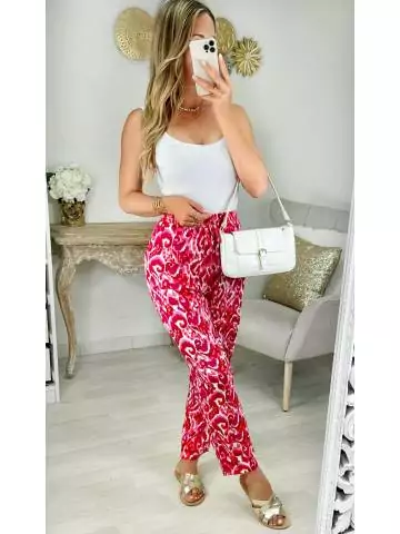 MyLookFeminin,pantalon fluide motif fuchsia et rose,prêt à porter mode femme