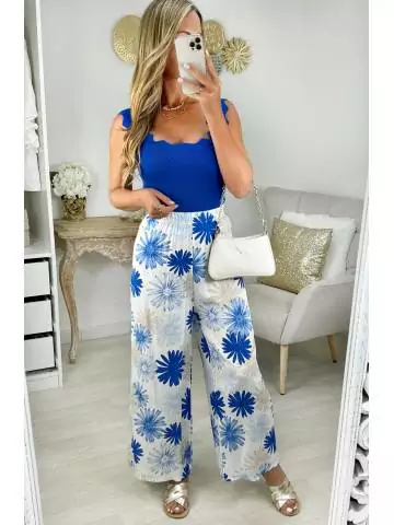 MyLookFeminin,pantalon léger style lin fleurs bleues,prêt à porter mode femme
