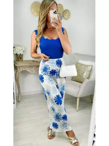 MyLookFeminin,pantalon léger style lin fleurs bleues,prêt à porter mode femme