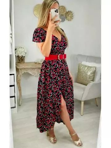 MyLookFeminin,robe boutonnée dos noué noire et fleurs rouges,prêt à porter mode femme