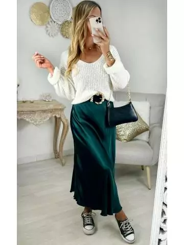 MyLookFeminin,jupe longue satinée vert émeraude,prêt à porter mode femme