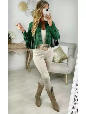 My Look Féminin| perfecto style daim vert et franges,prêt à porter pour femme