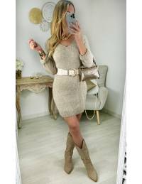 robe en lainage col v taupe clair