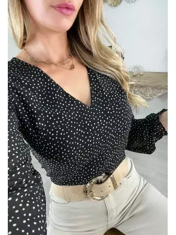 blouse fluide noire & pois beige