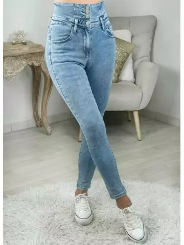 MyLookFeminin,jeans slim bleu ciel taille haute boutonné,prêt à porter mode femme