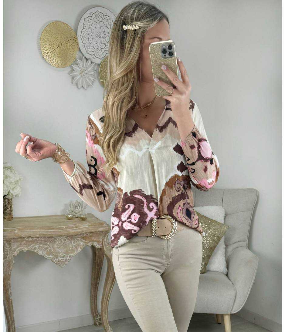 My Look Féminin Blouse motifs beige rose & choco,prêt à porter pour femme