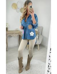 chemisier bleu jeans & fleurs colorées