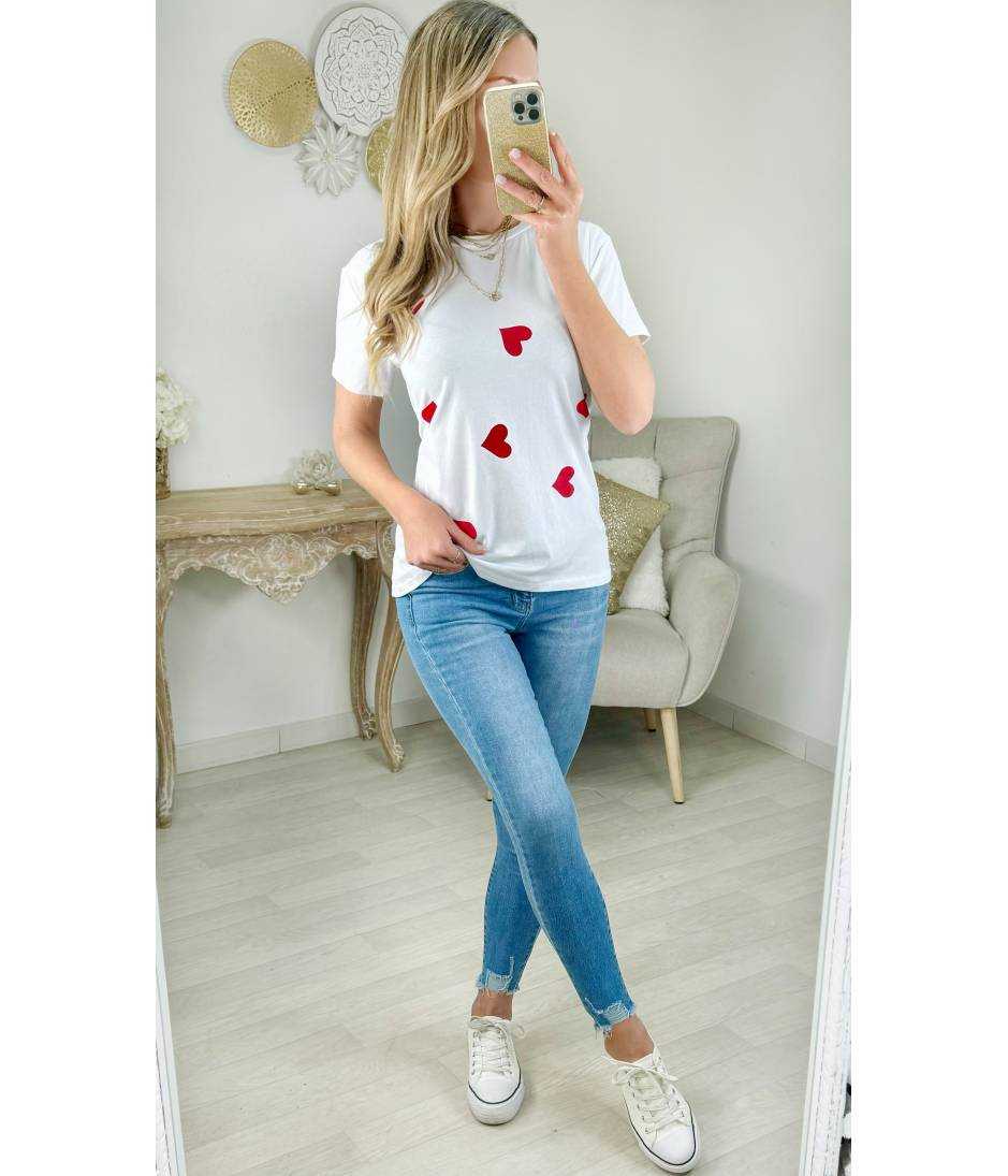 My Look Féminin tee-shirt blanc & cœurs rouges,prêt à porter pour femme