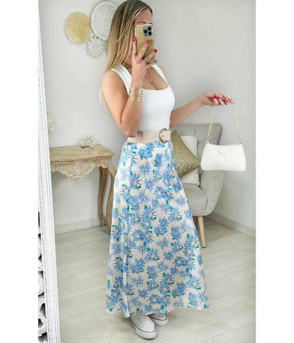 My Look Féminin jupe longue satinée & fleurie bleue,prêt à porter pour femme