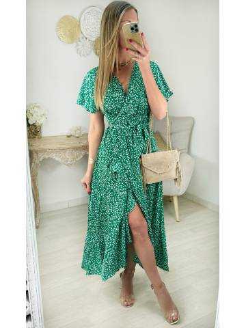 My Look Féminin robe longue portefeuille fleurie verte,prêt à porter pour femme