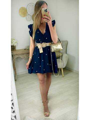 My Look Féminin robe en gaze de coton bleu marine & cœurs dorés 2,prêt à porter pour femme