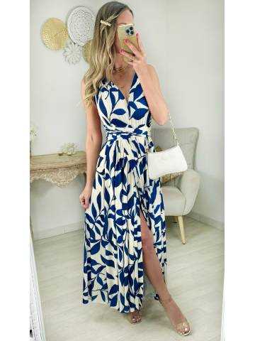 robe longue effet portefeuille motifs bleus