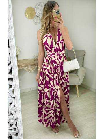 robe longue effet portefeuille motifs violets