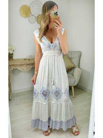 robe longue blanc cassé & fleurs bleues brodées